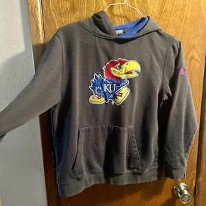 KU pull over hoodie. Grey with Jayhawk kids sz. L